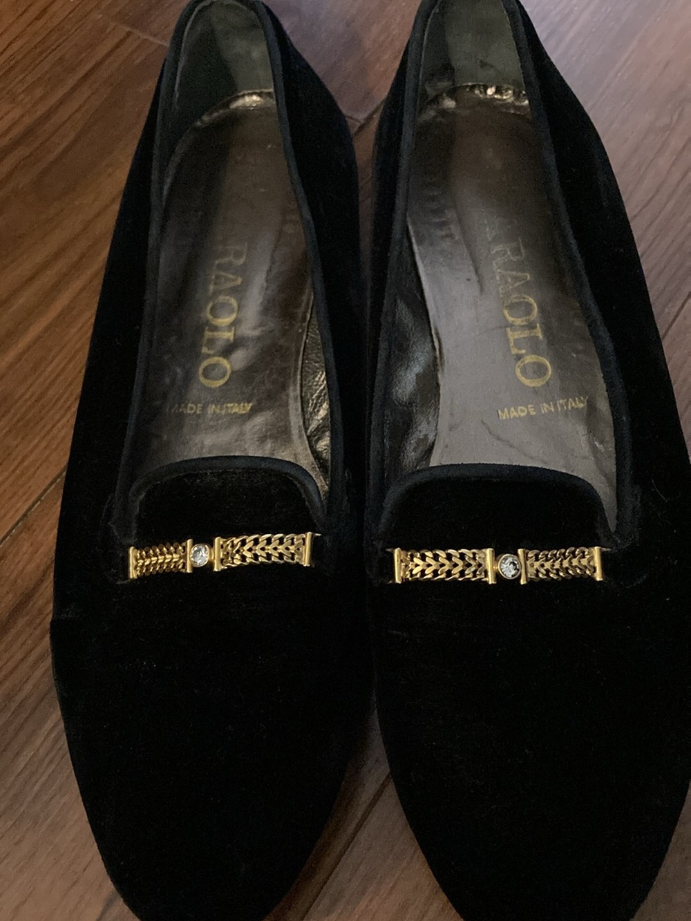 Black Velvet Loafers with Gold Chain Accent